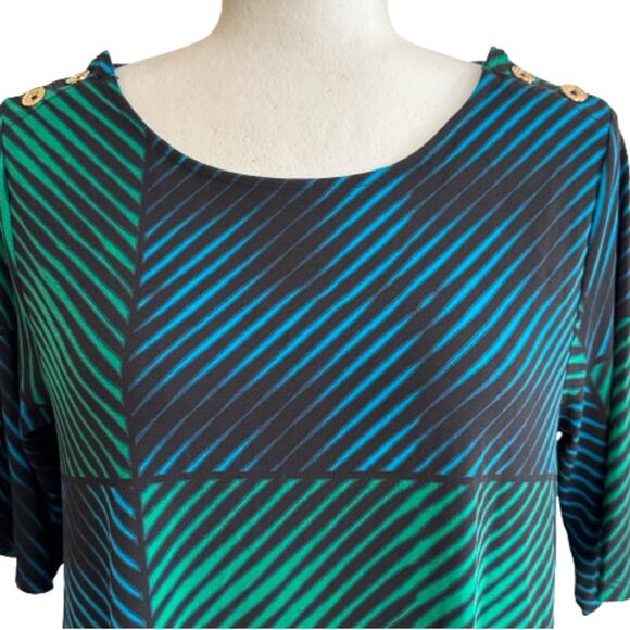 Dana Buchman Tunic Top Green Blue Black Geo Print Scoop Neck Short Sleeve Medium - Picture 3 of 12